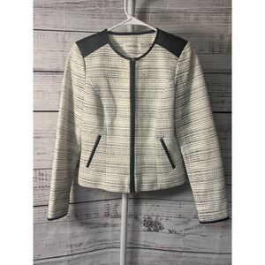 Calvin Klein Tweed Jacket Black‎ Faux Leather Trim Career Blazer